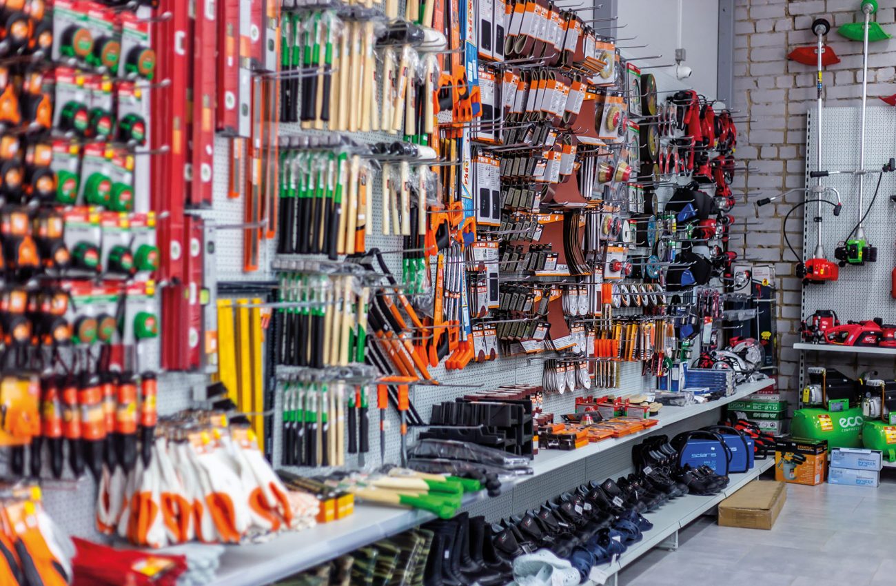 in a large hardware store, a tool department for carpentry and c