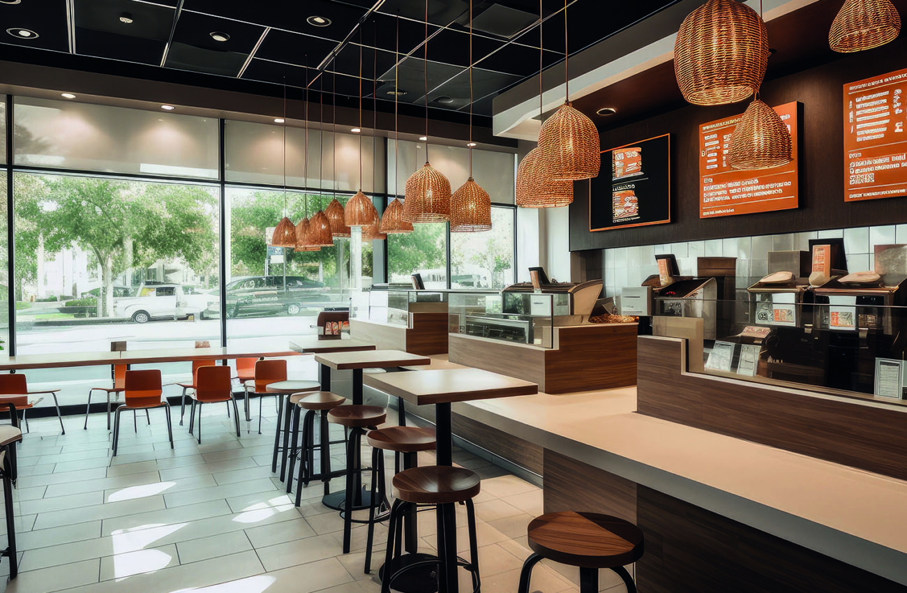 fast food restaurant with modern interior design, lighting and s